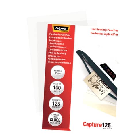 Pouches per plastificatrici Fellowes Standard Capture125 finitura lucida - 2x125 µm 65x95 mm Conf. 100 pz - 5306702